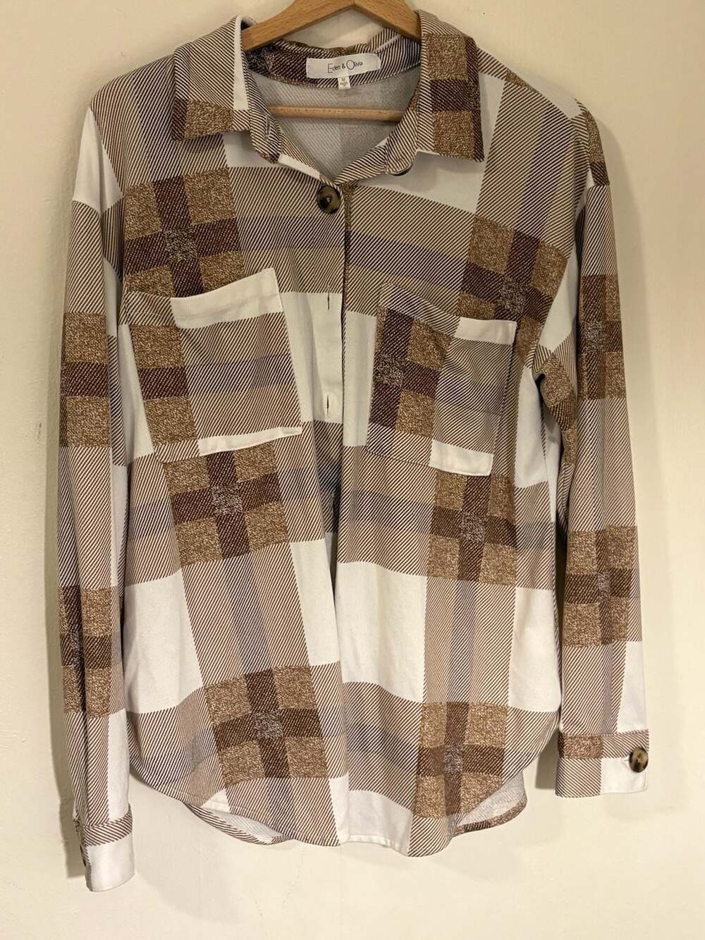 Eden & Olivia Brown White Plaid Long Sleeve Button Down Shirt Shacket M